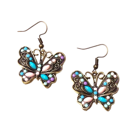Butterfly Earrings Dangle Crystal Cut Earrings Butterflies Antique Gold - Picture 1 of 7